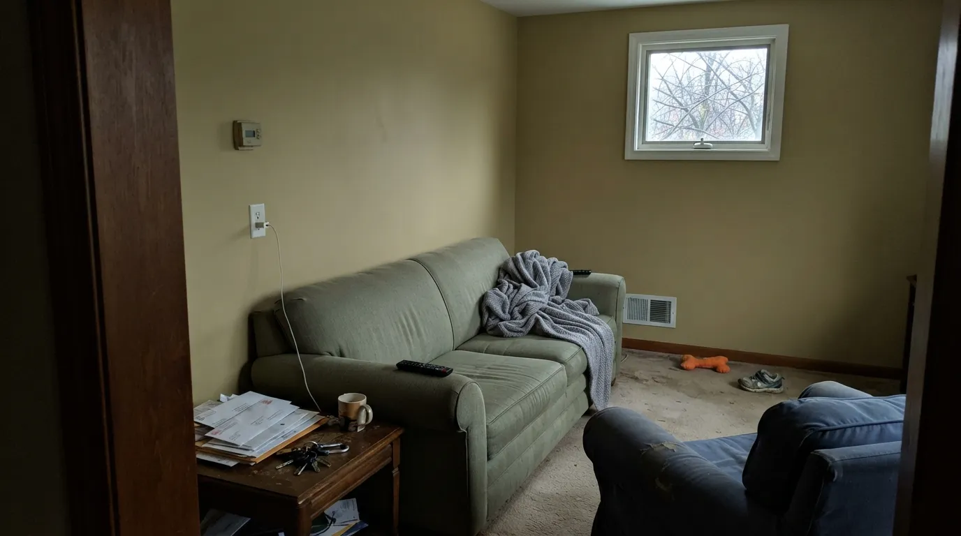 The honest shot: dim north light with no lamps drains the gold out and leaves a flat, muddy khaki-taupe — the light this color cannot fake its way through.