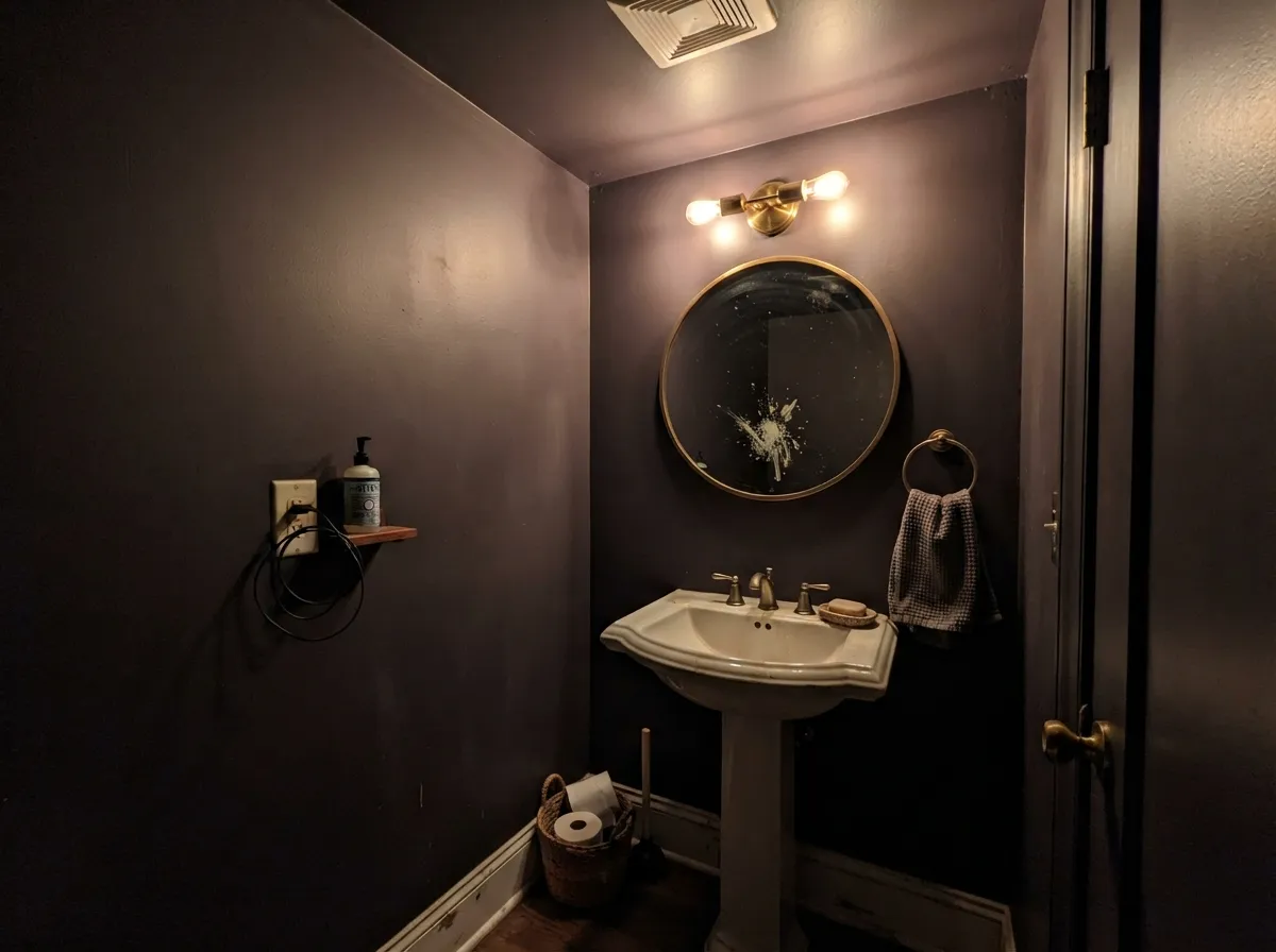 Drenched in a windowless powder room under warm bulbs, it reads as rich espresso rather than gray.