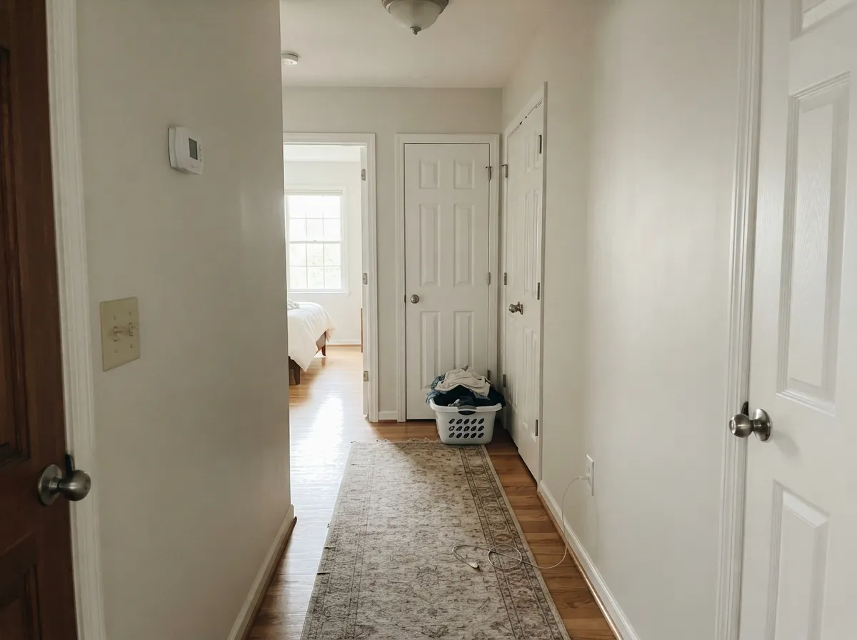 Hallways are where this color earns its money — light enough to lift a dark corridor without turning it into a white tunnel.
