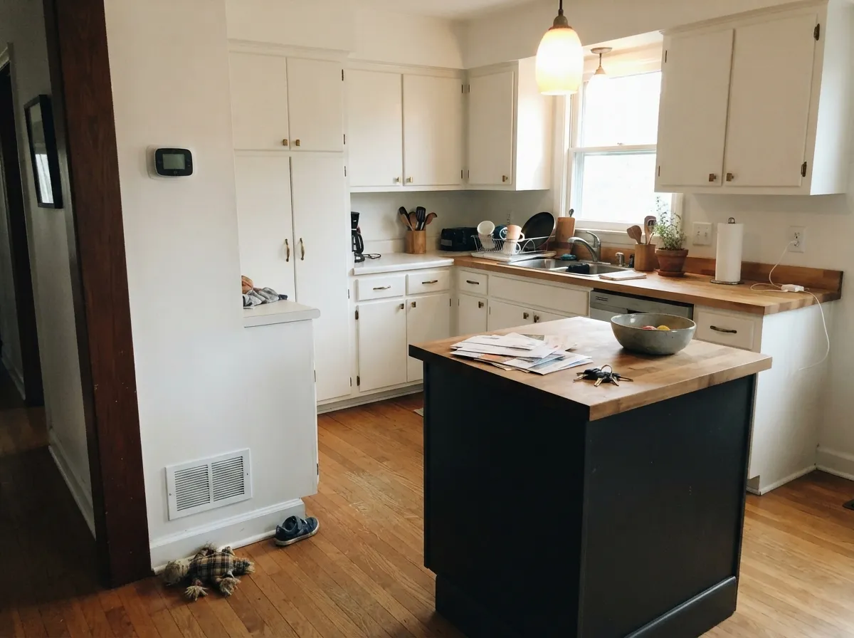 Simply White kitchen cabinets with brass hardware and a dark island.