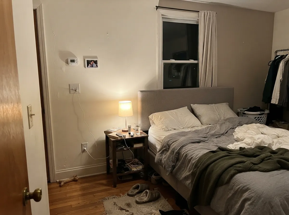 Simply White bedroom walls under warm lamp light.