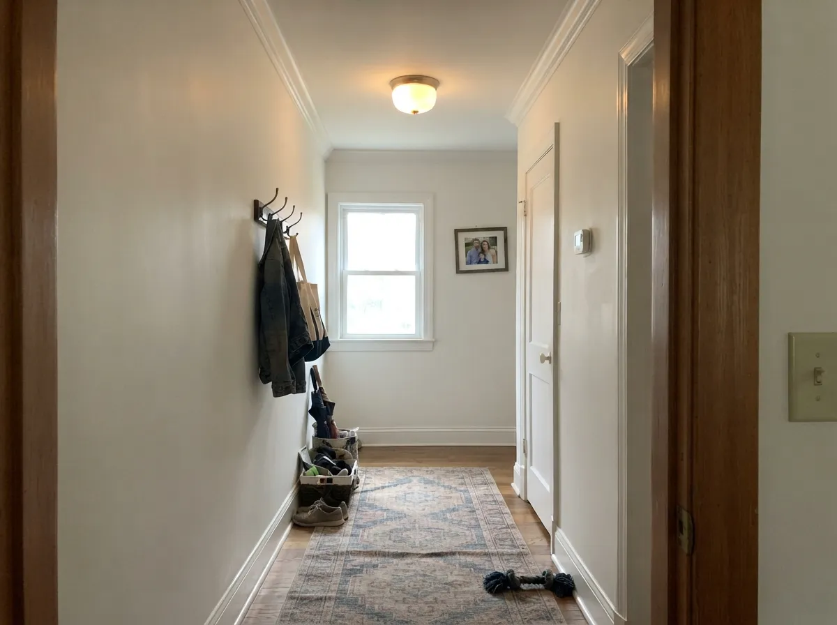 Simply White used on walls, trim, and ceiling throughout a hallway.