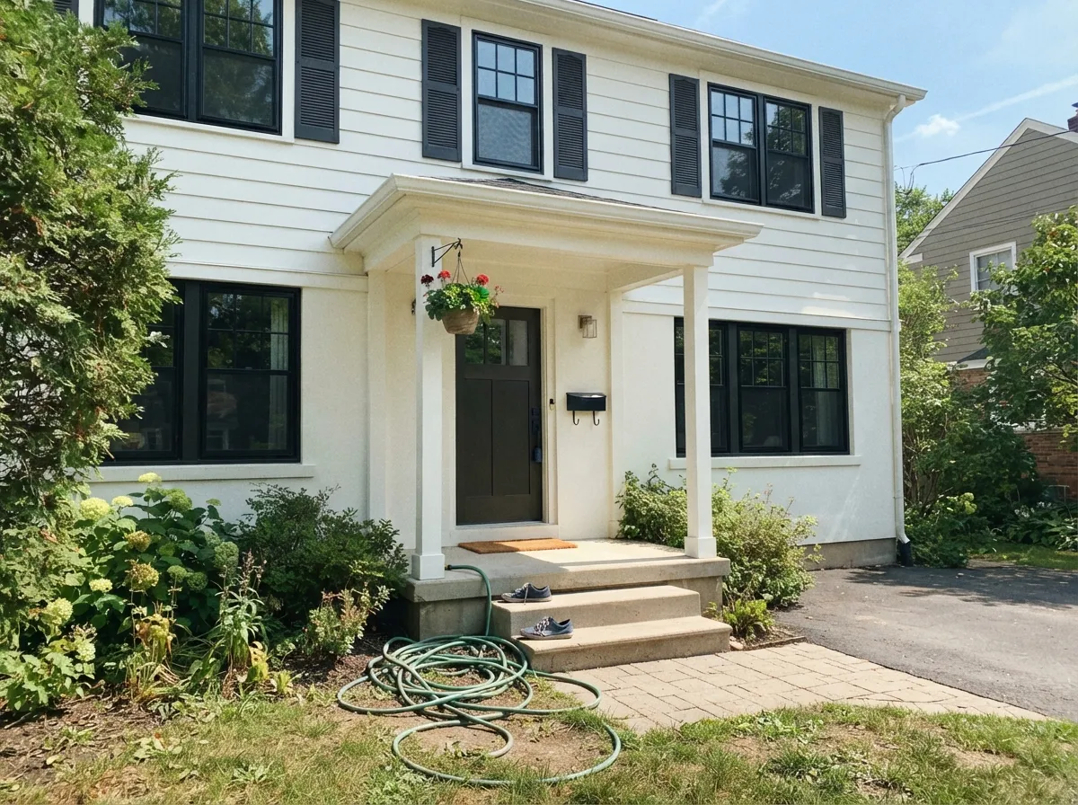 Simply White exterior siding with black trim in full sun.