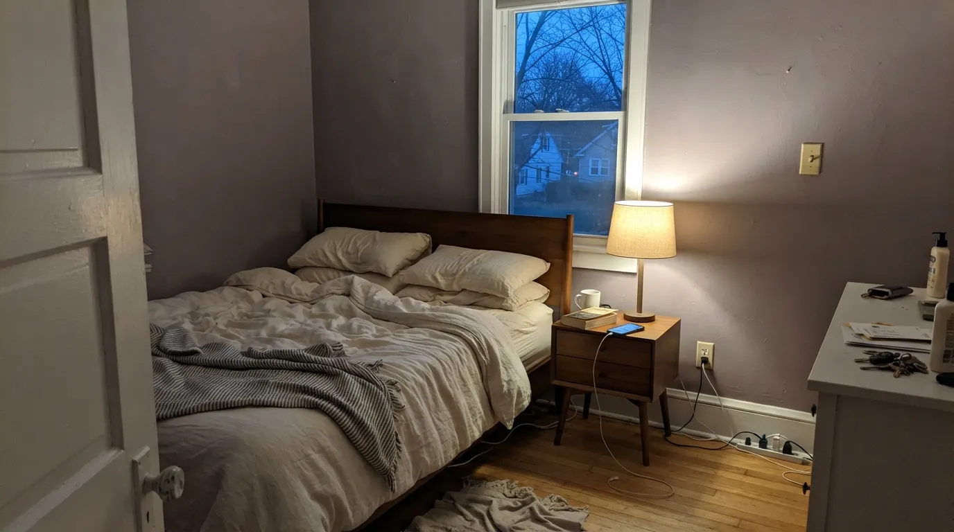 Sleepy Hollow in its best light — dusk plus one warm lamp. The red in it comes forward and the walls turn velvety, not purple.