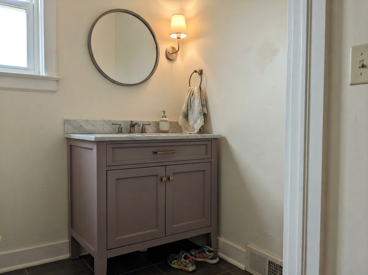 The designer move: a Sleepy Hollow vanity under cream walls — enough color to feel custom, small enough to be a weekend repaint.