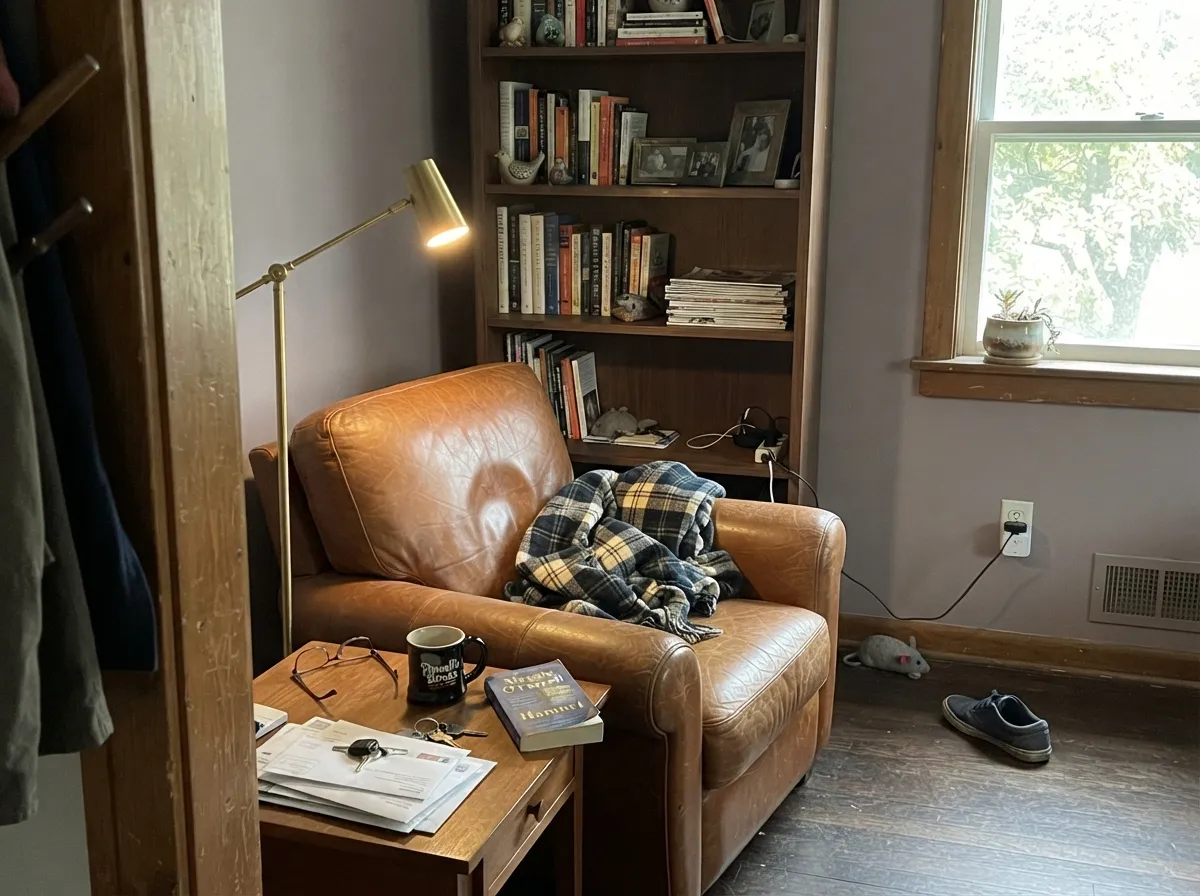 With walnut, aged leather and brass the violet reads smoky and grown-up — this is the company it keeps best.