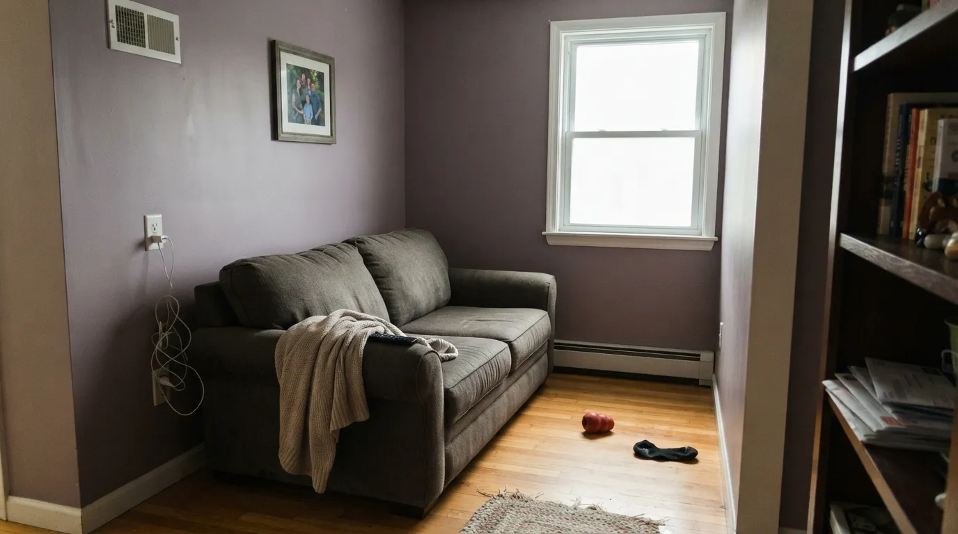 The honest shot: flat gray light over honey oak. The floor pushes the walls purple, the light drains the warmth — the combination behind every "it looked gray on the chip" story.