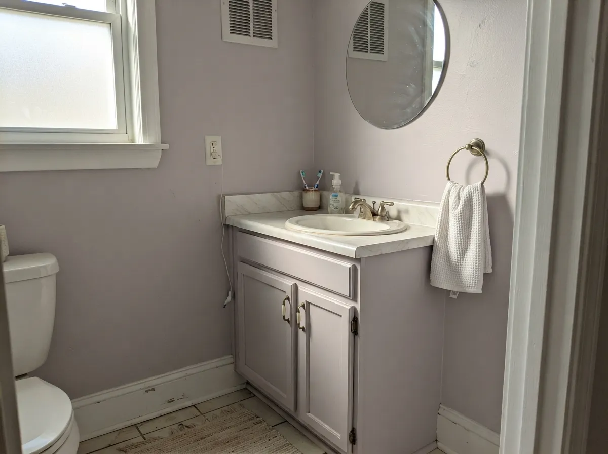 On a powder-room vanity under warm marble and brass, the same color reads custom and considered for the cost of a quart.