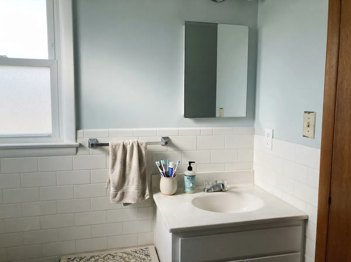 Against white tile and chrome the blue-green looks clean, not dusty — the bathroom is where Smoke earns its reputation.