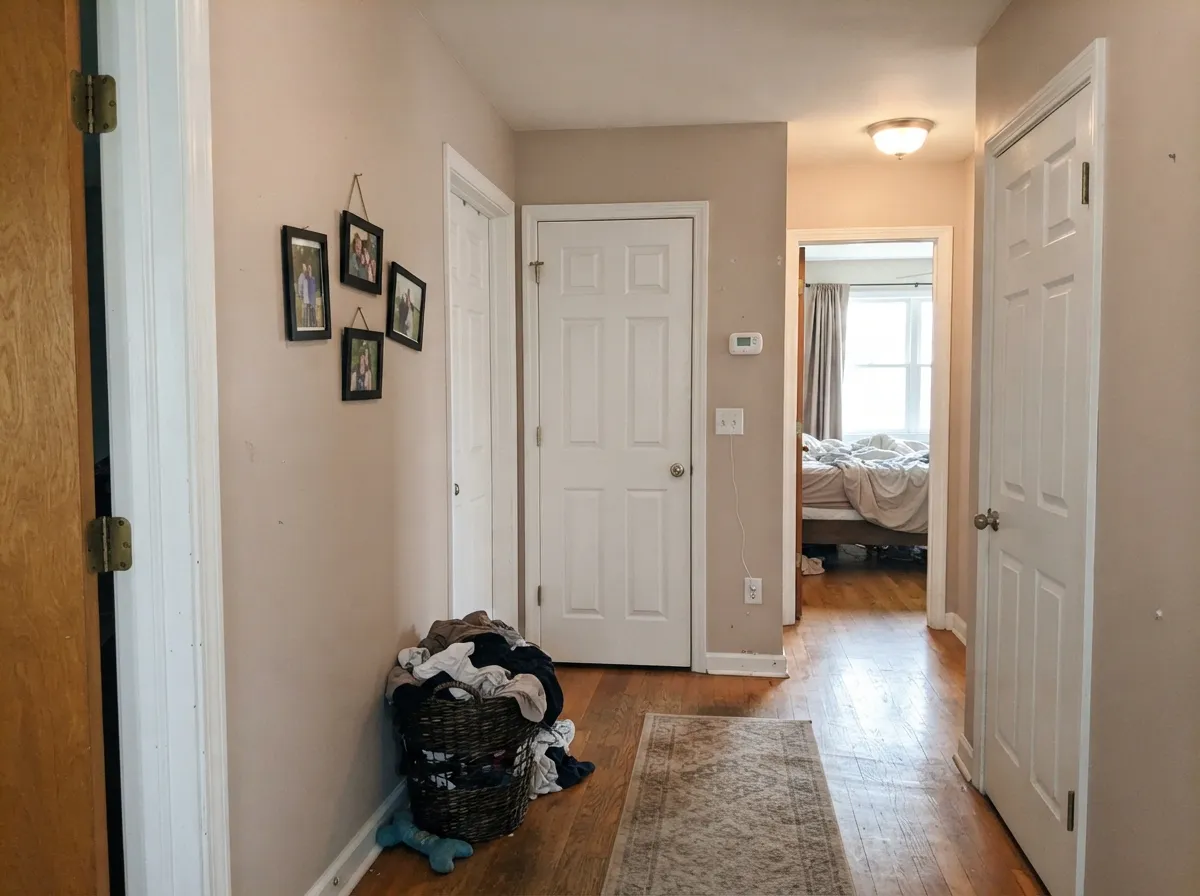 Hallways are the real test for a whole-house taupe — it keeps enough color here to avoid the tunnel look.