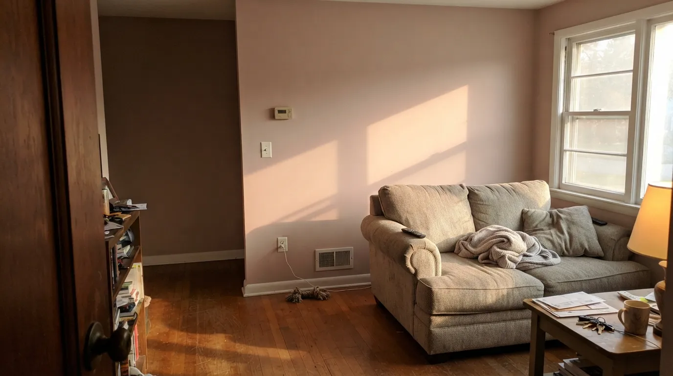 The honest shot: late west sun on a big bare wall is when Smokey Taupe turns rosy — the exact moment people post asking why their taupe looks pink.