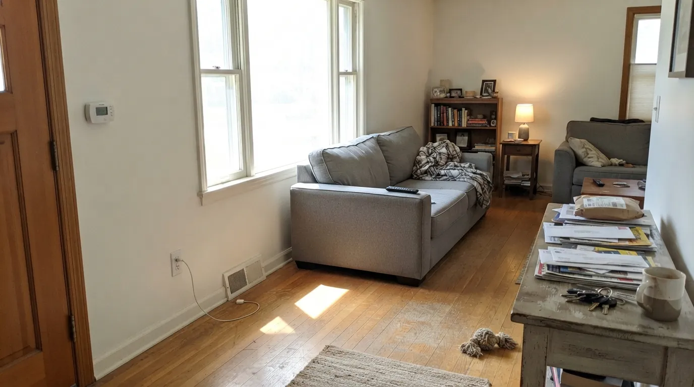 Snowfall White walls and trim in real south light — bright and clean without tipping cream or cold.