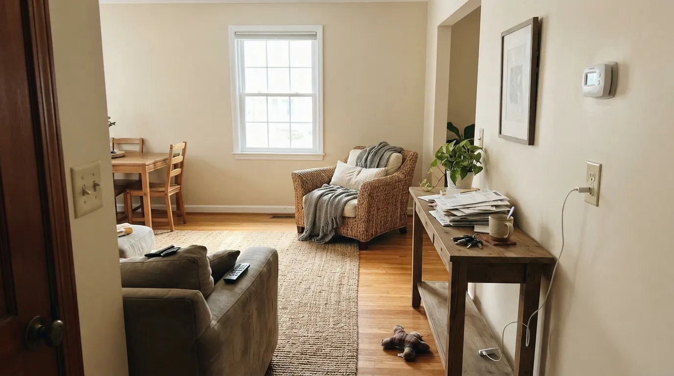 Soft Chamois in the daylight it needs — with oak floors and rattan it warms into a soft honey-oatmeal, not a flat beige.