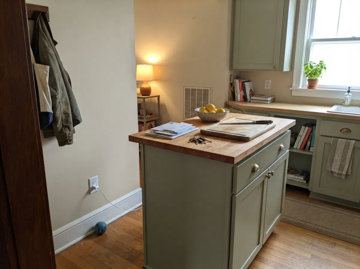 Benjamin Moore's own pairing at work: walls in Soft Chamois, island in Saybrook Sage, butcher block and brass doing the rest.