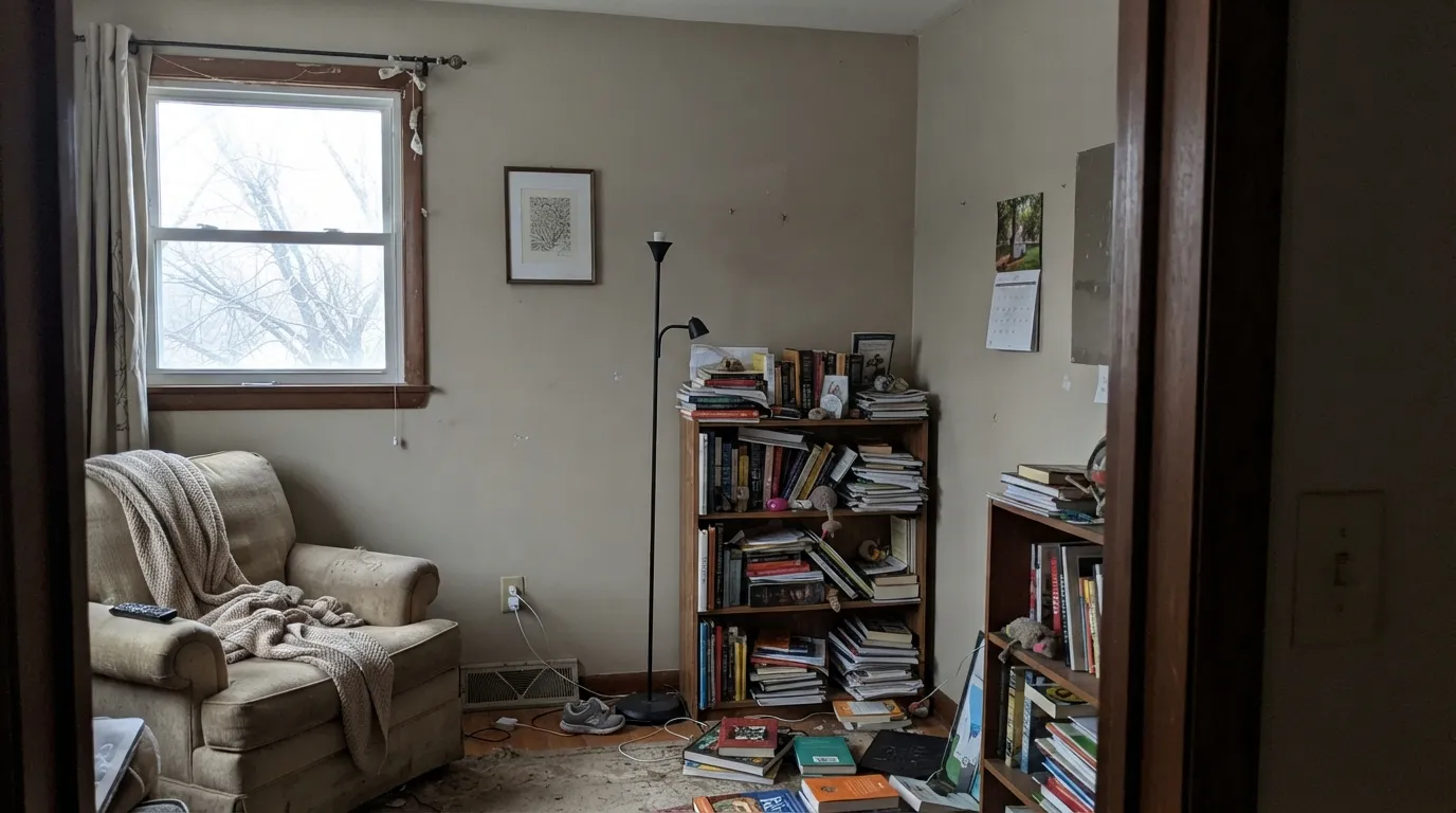 The honest shot: cool north light with no warm lamps on drains the tan out and leaves a flat, muddy beige — the room this color was never going to flatter.