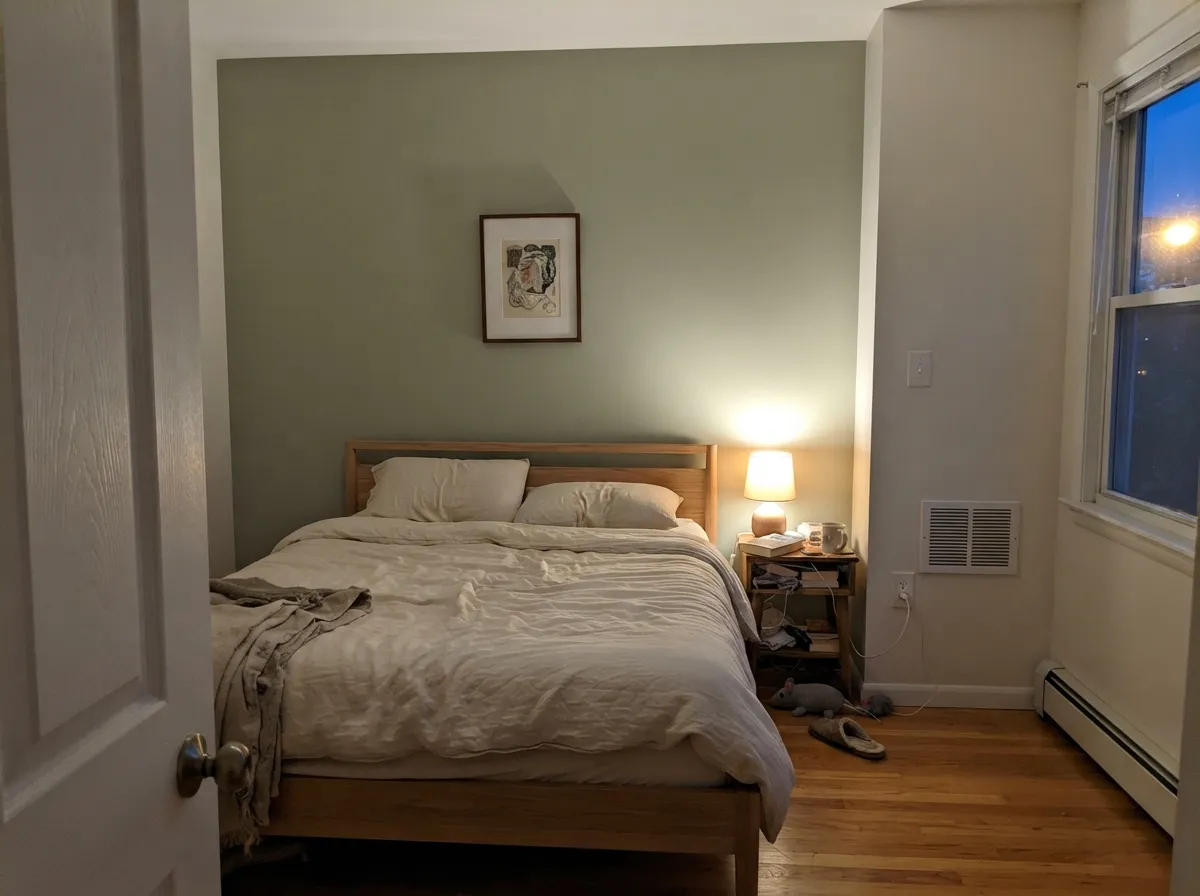 Under a warm lamp at night the color settles into a soft khaki-green — restful, not bold.