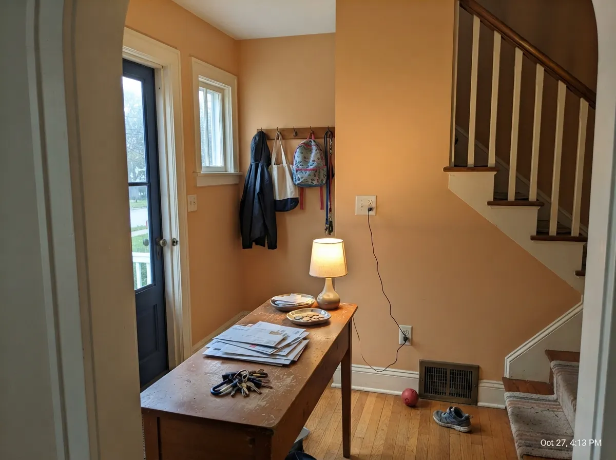 Entries are where it is easiest to live with — no furniture to argue with, and a navy door gives the warmth something to lean on.