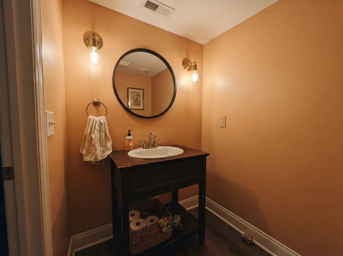 The low-risk way to drench it: a windowless powder room under warm bulbs, where the color goes amber and reads jewel-box, not juvenile.