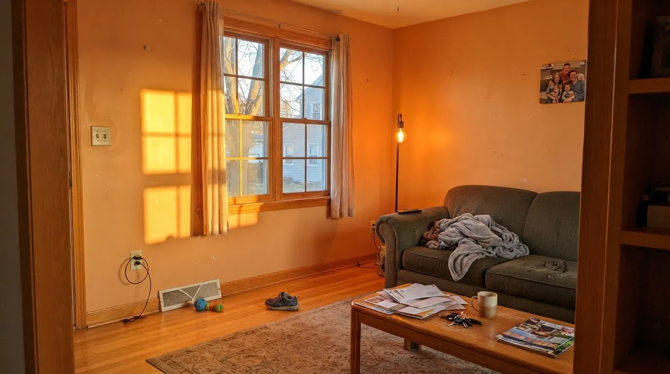 The honest shot: four walls, late west sun and honey oak. The color flares two steps hotter than the chip and the wood stops being separate from the wall — the exact combination behind the dated-peach complaints.