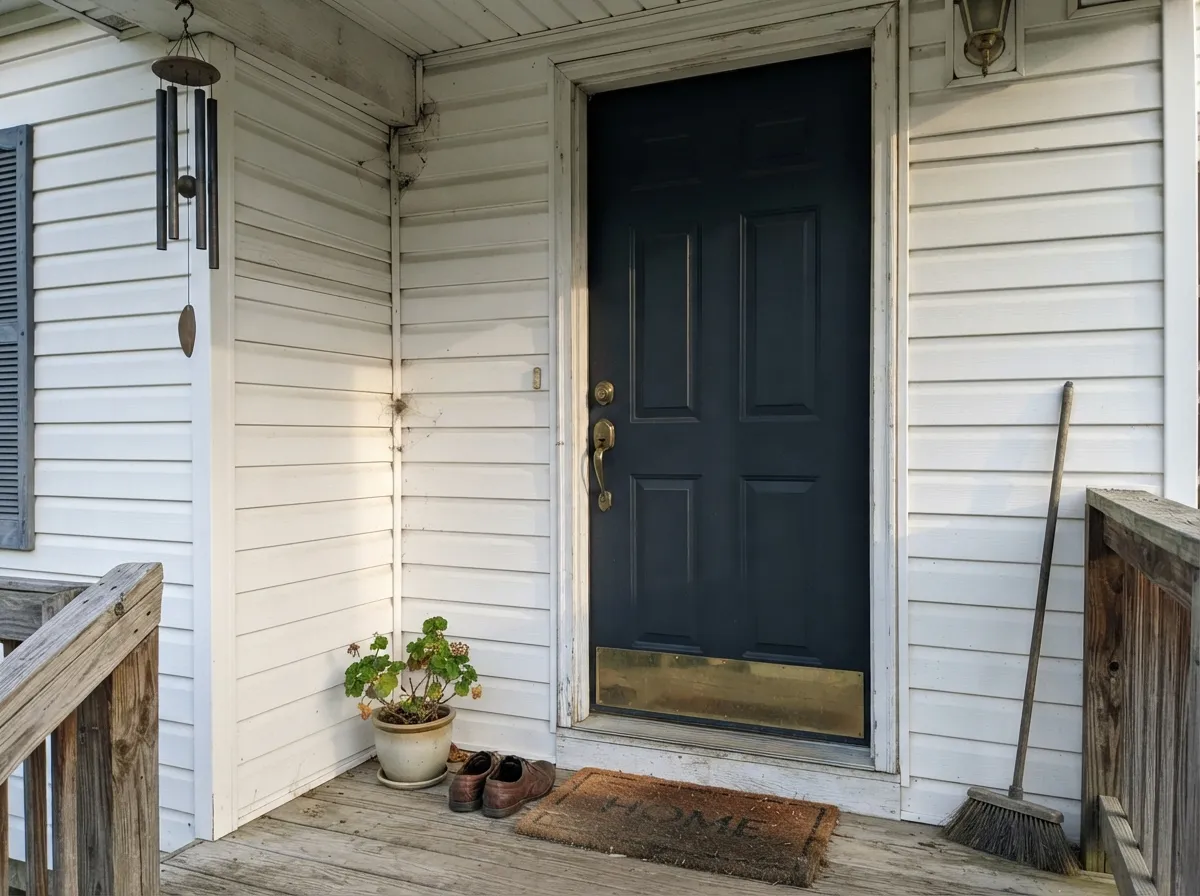 The front-door move — quiet, cool-toned drama against light siding, without going full black.