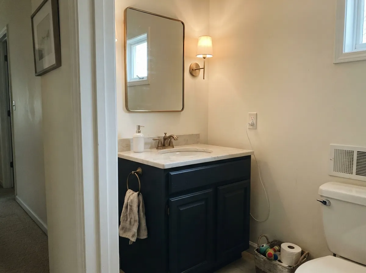 A powder-room vanity under a warm sconce — this is where the blue turns velvety.