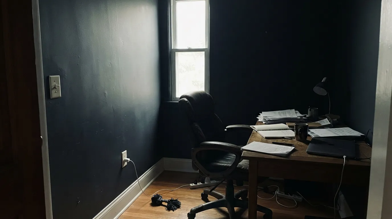 The honest shot: a room with limited daylight and no lamps on. At LRV 4 Soot doesn't read moody here — it reads like a cave, and the blue disappears into flat black.
