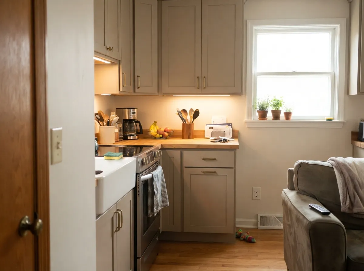 Under bright, warm kitchen light Stone Hearth cabinets read as the earthy warm-gray people go looking for — brass and butcher block only help.