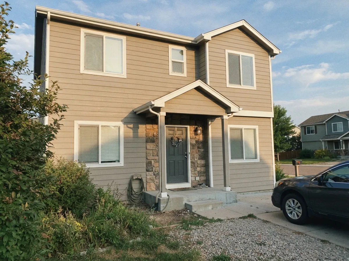 One of Stone Hearth's best jobs: warm, stony siding next to real stone accents and a deep charcoal door, no orange creep even in full sun.