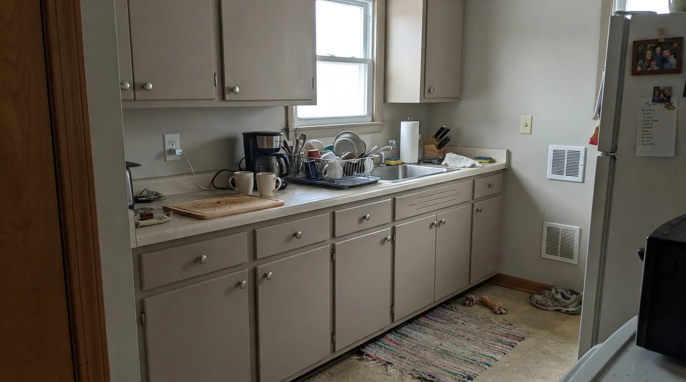 The honest shot: without warm task lighting, the same cabinets read blondish-beige, not the warm gray the shopper on Houzz — and plenty of readers — expected.