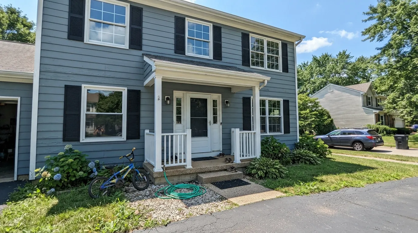 Stonington Gray siding in bright midday sun — the exact modern-farmhouse pairing with white trim and black shutters that made it one of BM's most-searched exterior grays.