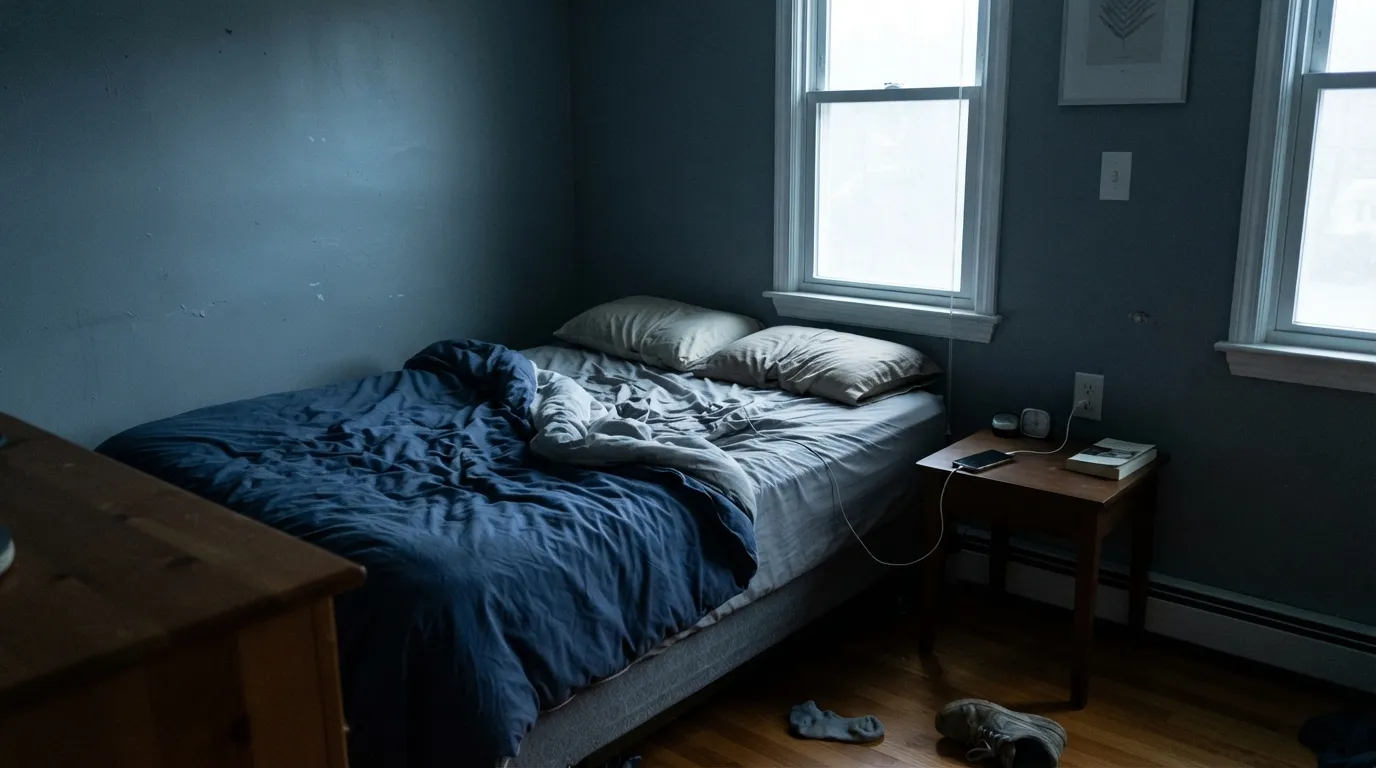 The honest shot: cold north light pushes the blue undertone forward and the walls go slate-cold — the light where Stonington Gray disappoints.