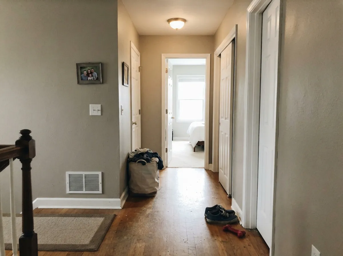 Crisp white woodwork against a mid-tone greige wall — the LRV gap is wide enough that the trim reads deliberate, not mismatched.