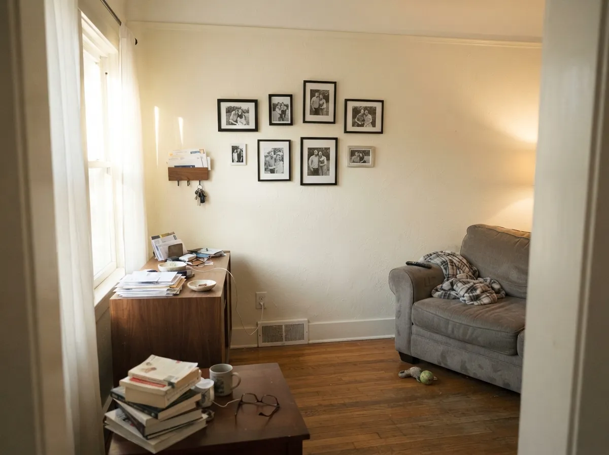 Swiss Coffee walls and trim in a sunlit living room with walnut furniture.