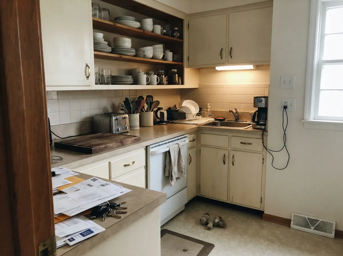 Swiss Coffee kitchen cabinets in satin cabinet enamel with brass pulls.