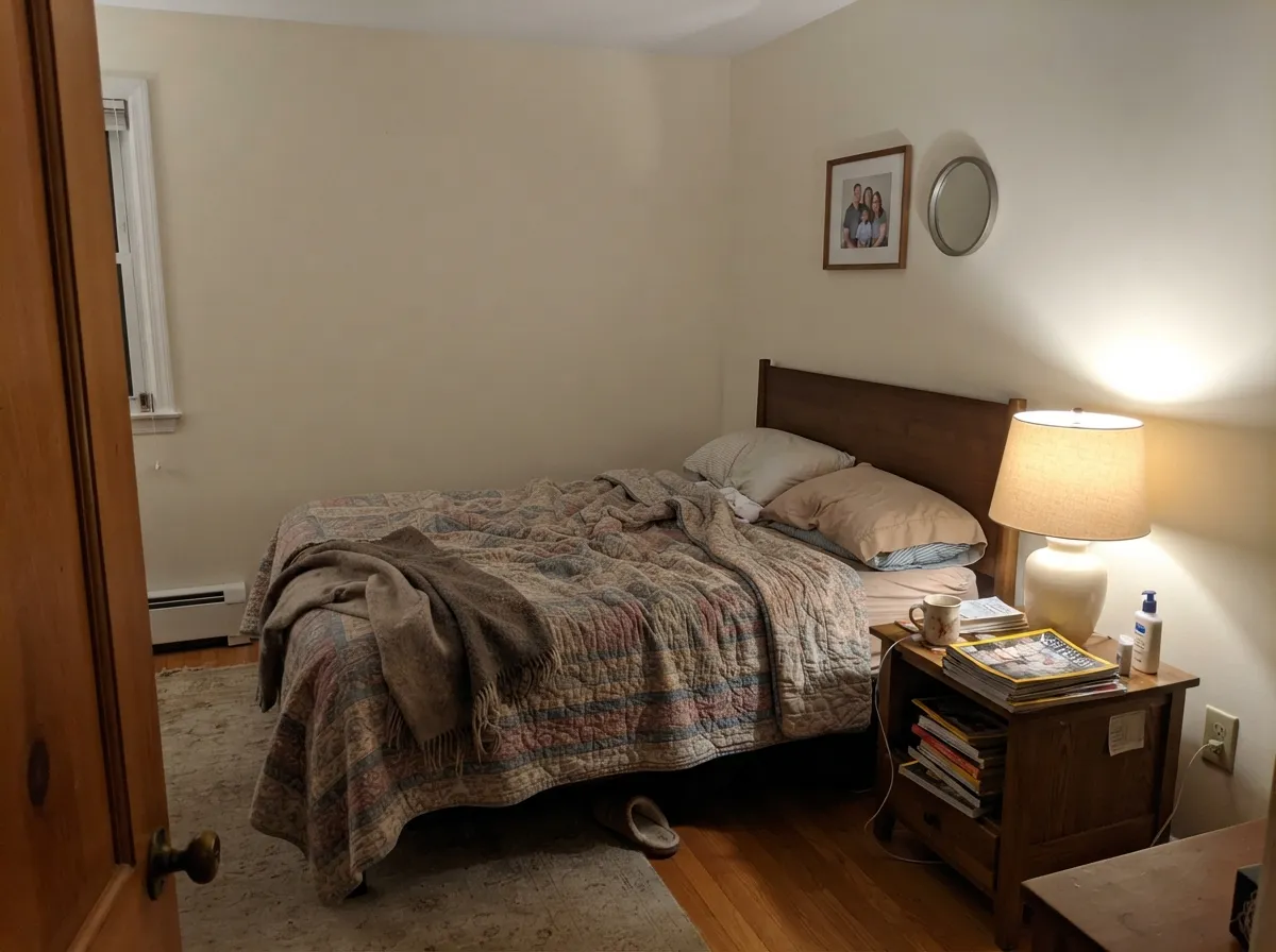 Swiss Coffee bedroom walls glowing warm under bedside lamplight.