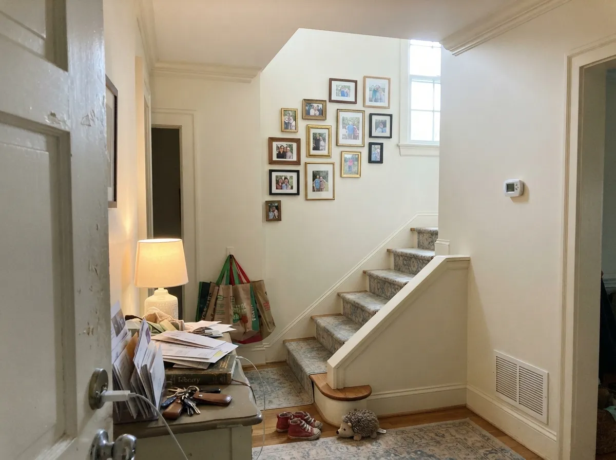 Swiss Coffee semi-gloss trim and crown molding through a stairwell hallway.