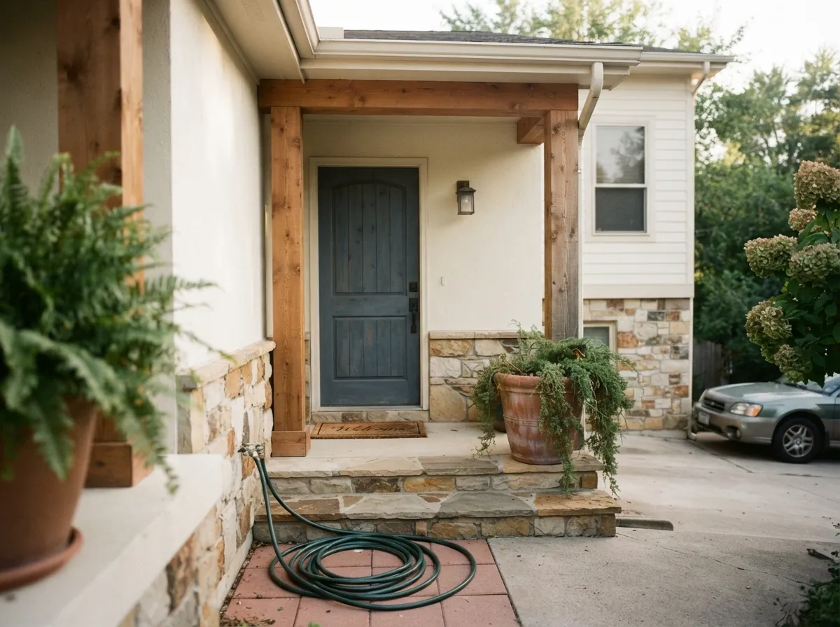Swiss Coffee exterior stucco with stone and cedar accents in shaded light.