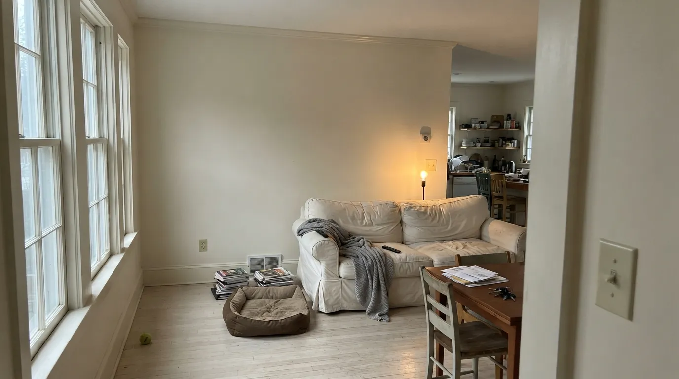 Walls, trim and ceiling in one color under north light — the setup that makes Swiss Coffee look calm instead of yellow.