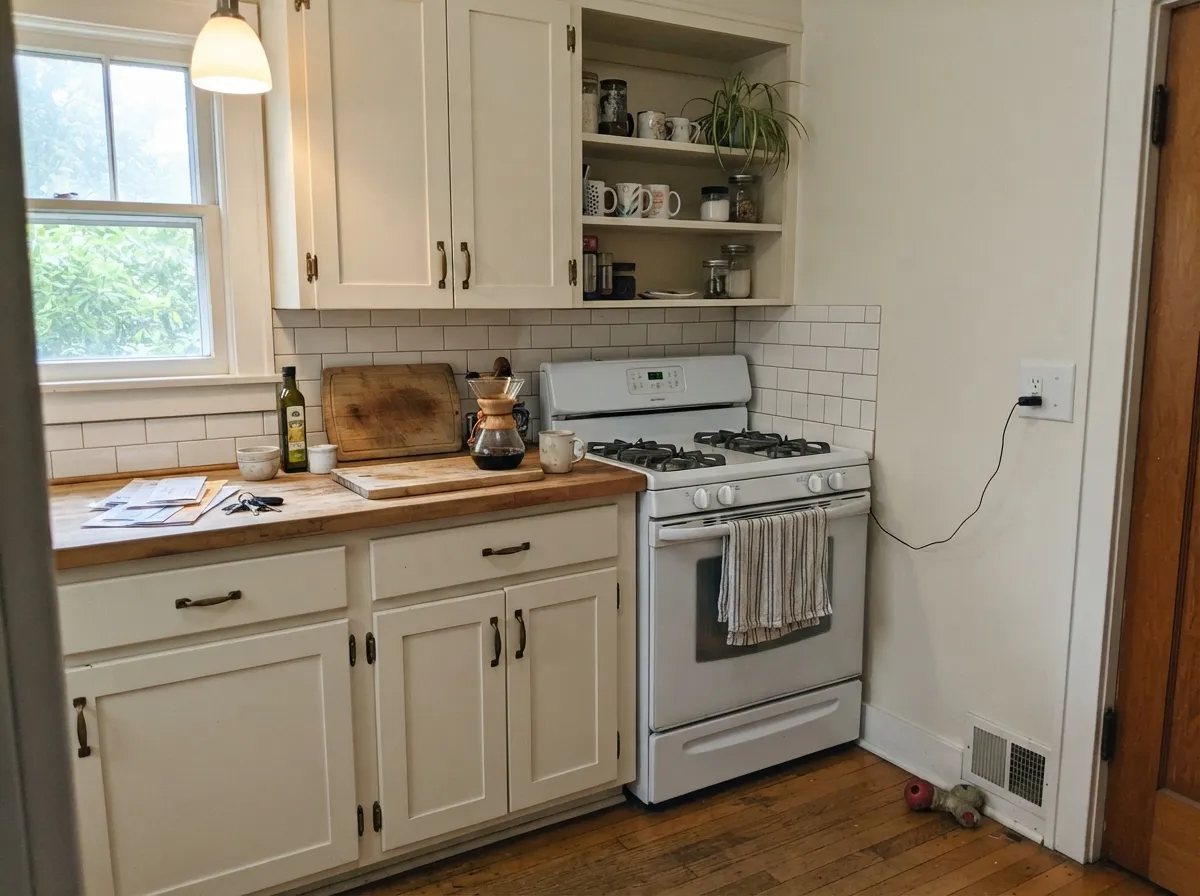 On cabinets the cream reads like painted furniture, and it hides handprints around the pulls better than a bright white.