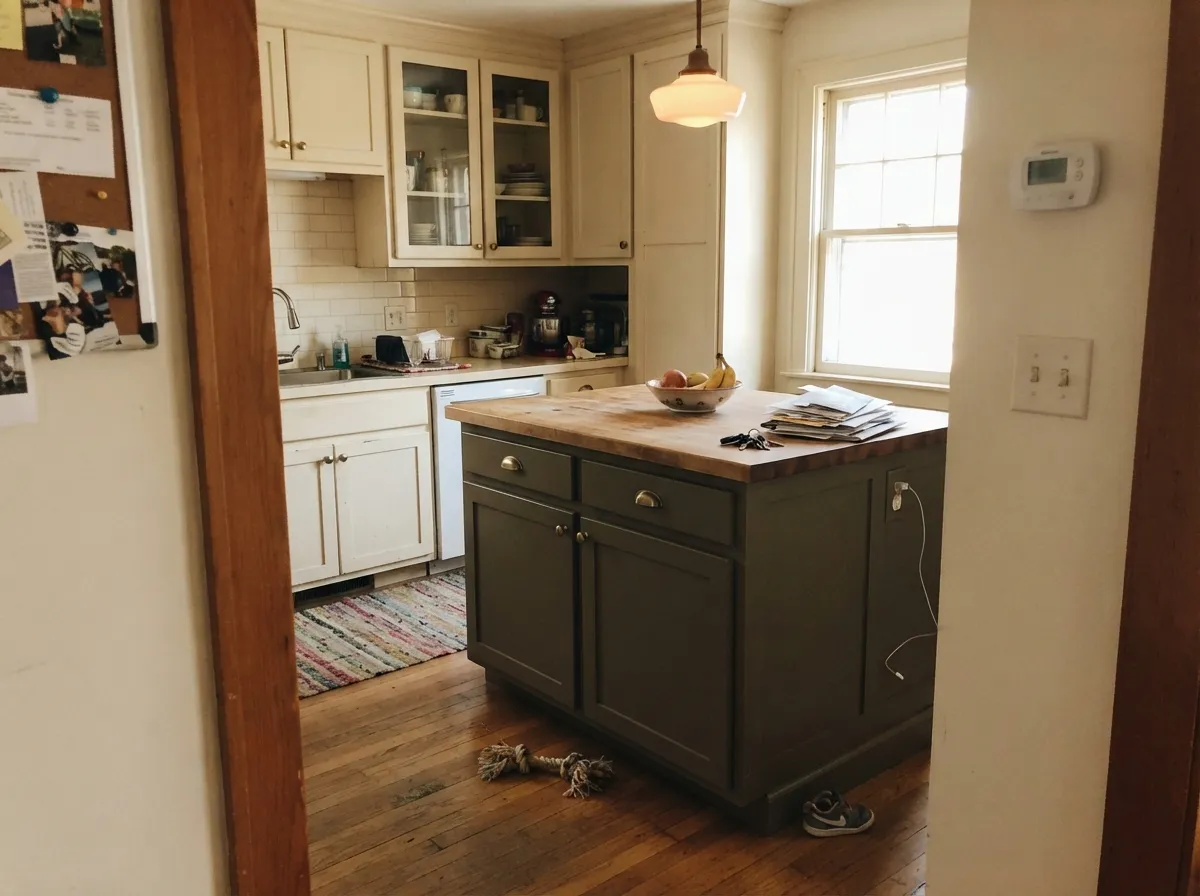 The current move: a Tate Olive island under cream perimeter cabinets — grounded and a little vintage without going full farmhouse.