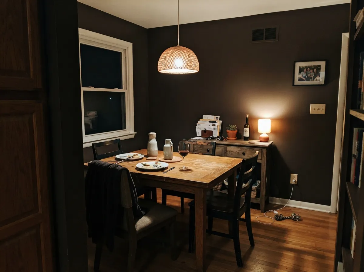 Under 2700K lamps at night the red-brown comes forward — the dining room is where a low LRV stops being a problem.