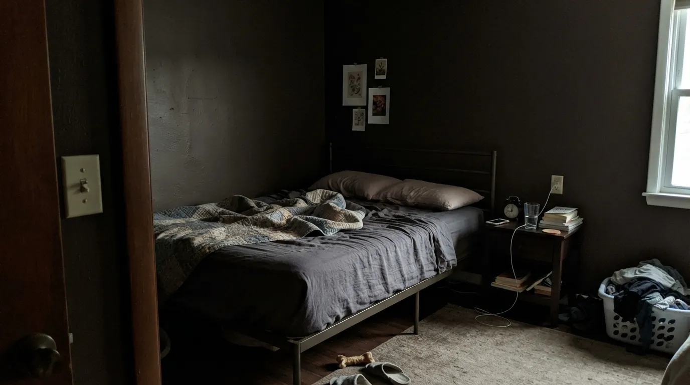 The honest shot: in cool north light with no lamps the warmth vanishes, the wall reads black, and every patch and lap mark shows.