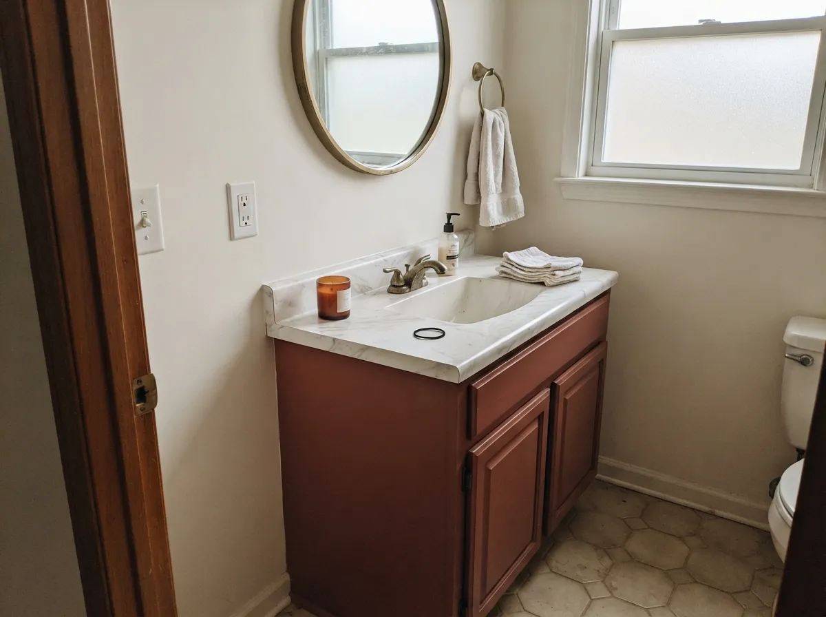 The designer move: a Terra Mauve vanity under Cloud White walls — small-room drama that reads custom, not risky.