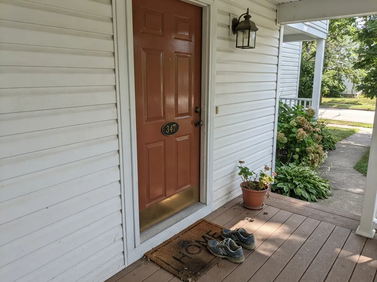 Full sun outdoors reads it brighter and more orange than any indoor sample — the door doing exactly the job Benjamin Moore built this color for.