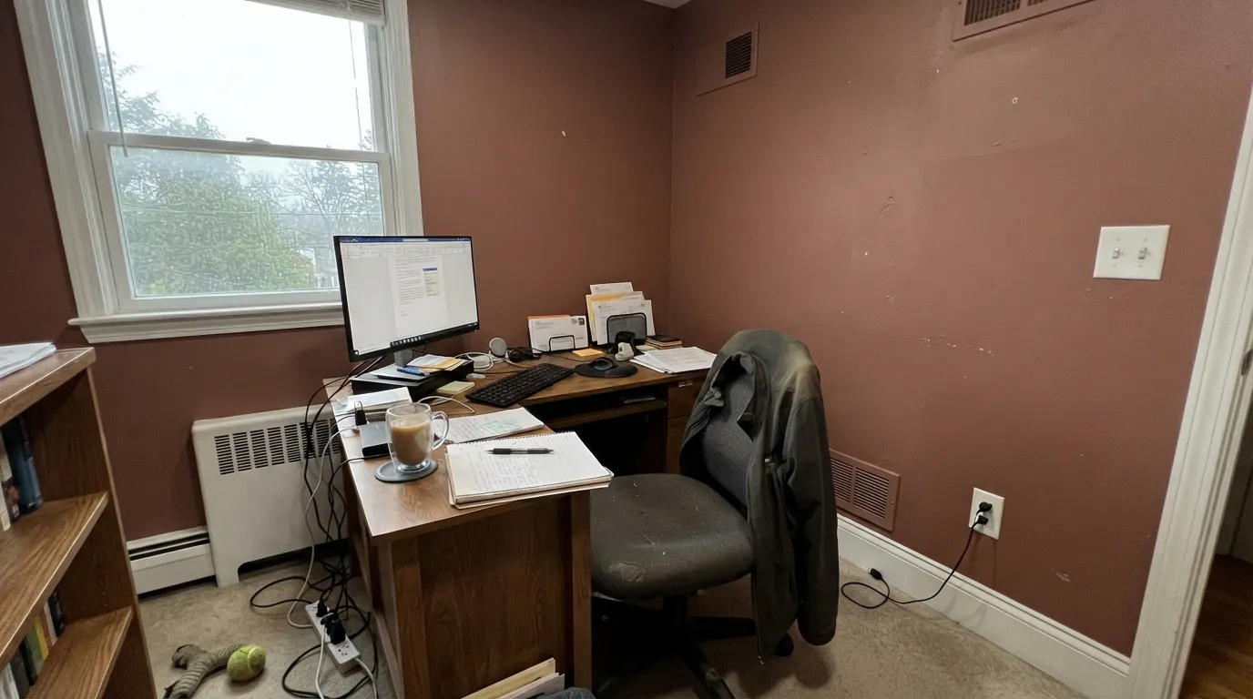 The honest shot: cool LED light with no lamps drains the rose out of Terra Mauve and leaves a flat, muddy rust-brown — the light this color needs help from.