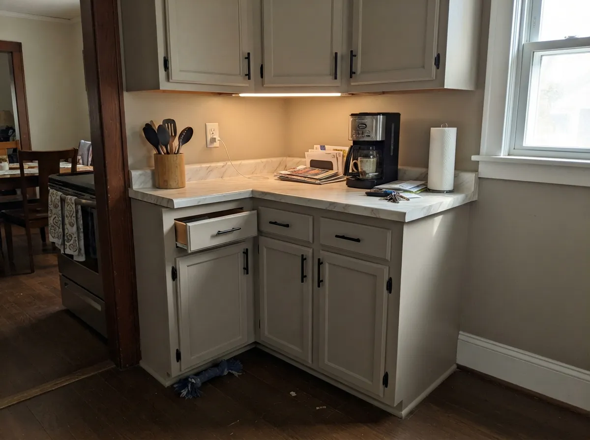 Its strongest job: on cabinets the mid-tone greige reads as a real color decision, and it holds up next to both brass and black hardware.
