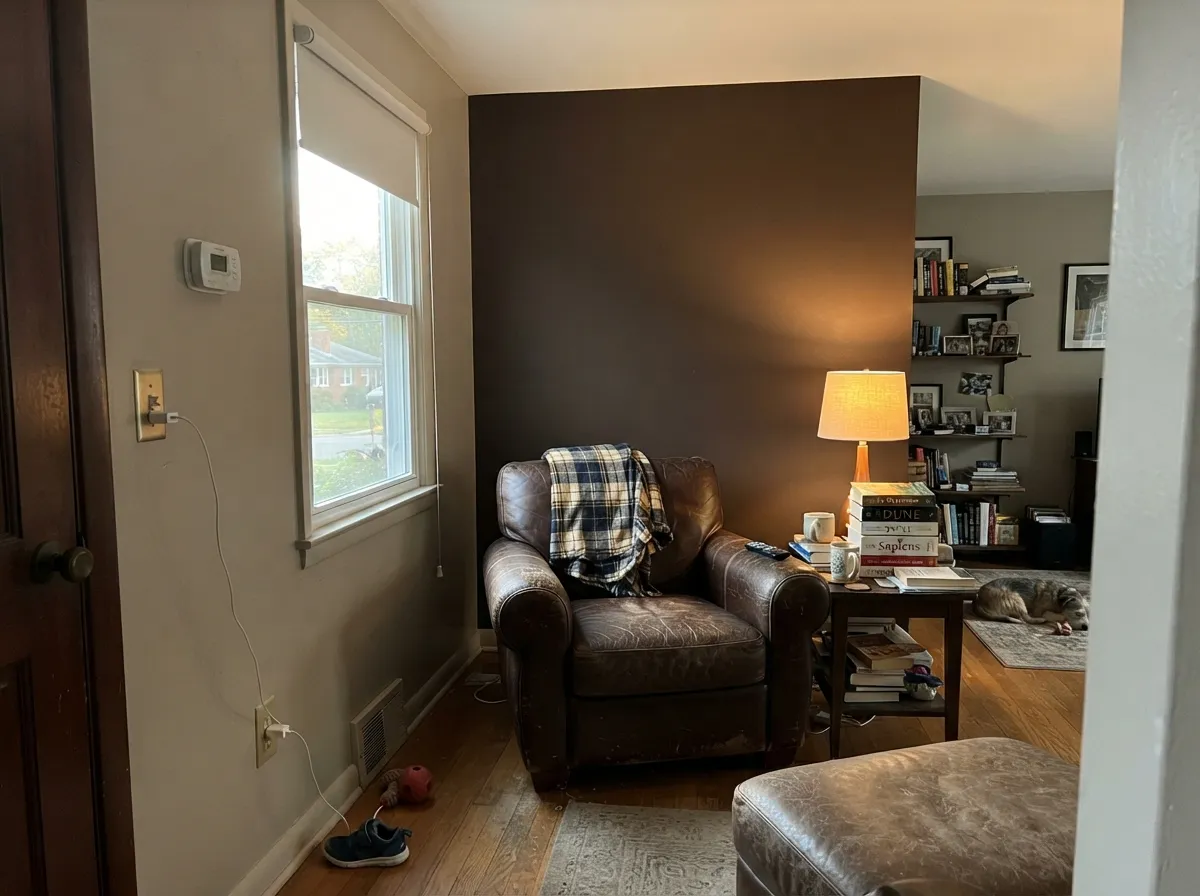 The pairing homeowners keep landing on without being told to: a deep chocolate-brown accent grounds Thunder's warm-cool balance instead of fighting it.