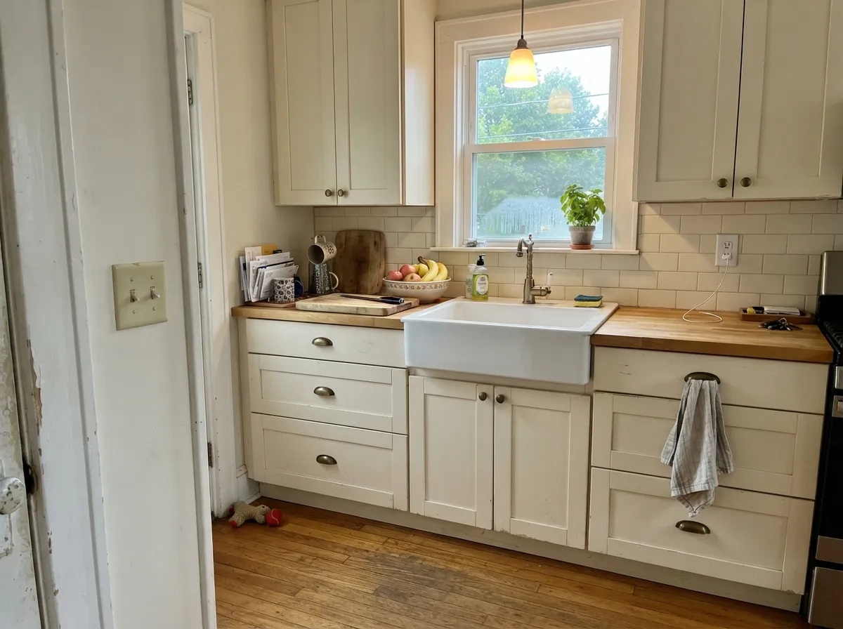 On cabinets with brass and butcher block, Timid White behaves exactly like its famous cousins — warm, forgiving of smudges, easy with wood.