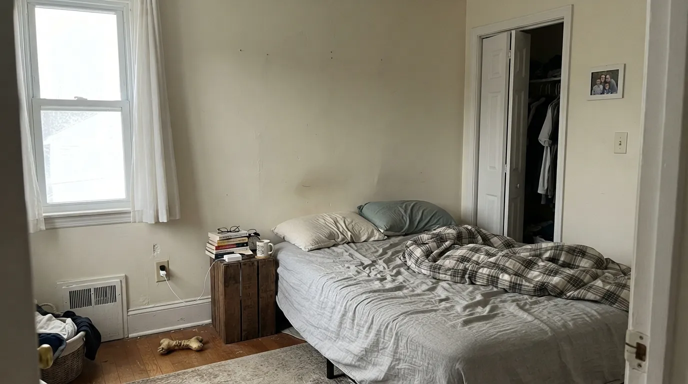 The honest shot: in a dim north room with no lamps, the warmth disappears and Timid White goes quiet and grey — the same failure every warm cream shares, just with no crowd of online photos to warn you first.
