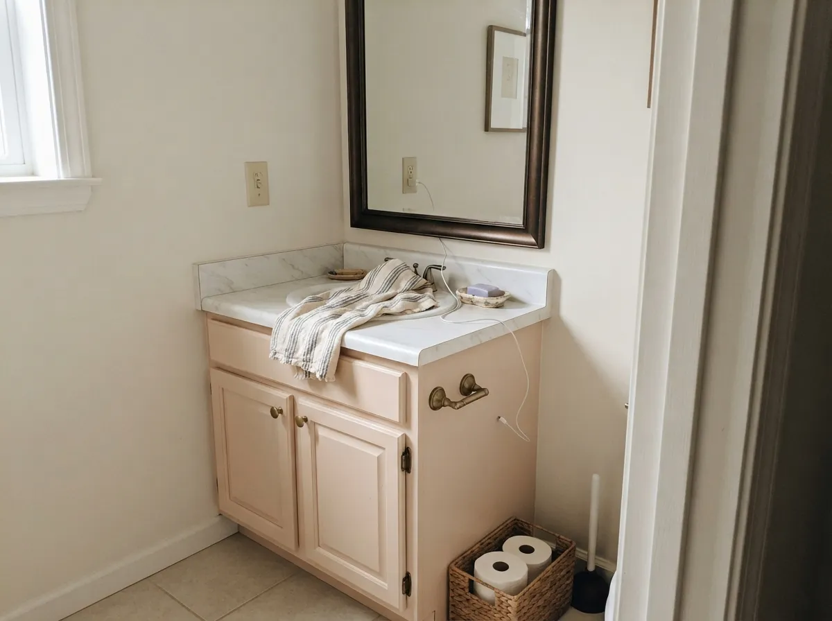 On a vanity, with brass hardware and warm stone, the blush reads custom and deliberate rather than "pink."